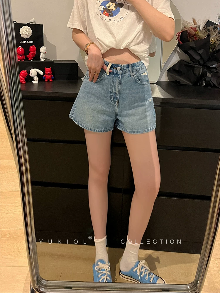 Quần short denim dáng lê dành cho nữ, size lớn mùa hè, chất liệu mỏng, cạp cao, dáng rộng, tôn dáng, quần ống rộng xẻ rách kiểu chữ A