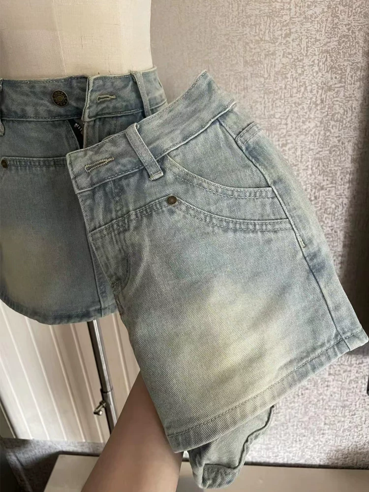 Váy ngắn denim dáng quả lê dành cho nữ, size lớn mùa hè, lưng cao, co giãn, che bụng, quần váy chữ A giảm béo.