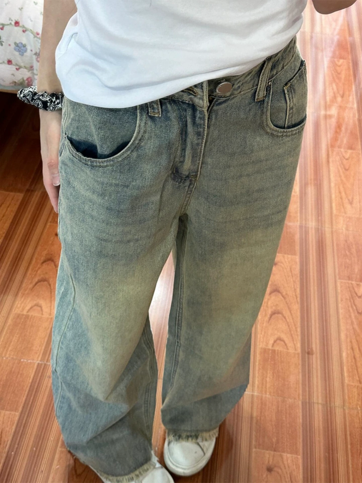 Quần jean ống rộng kiểu Mỹ cổ điển dành cho nữ, đầu thu, cỡ lớn, lưng cao, dáng rộng, giảm béo, dáng quả lê, quần ống thẳng