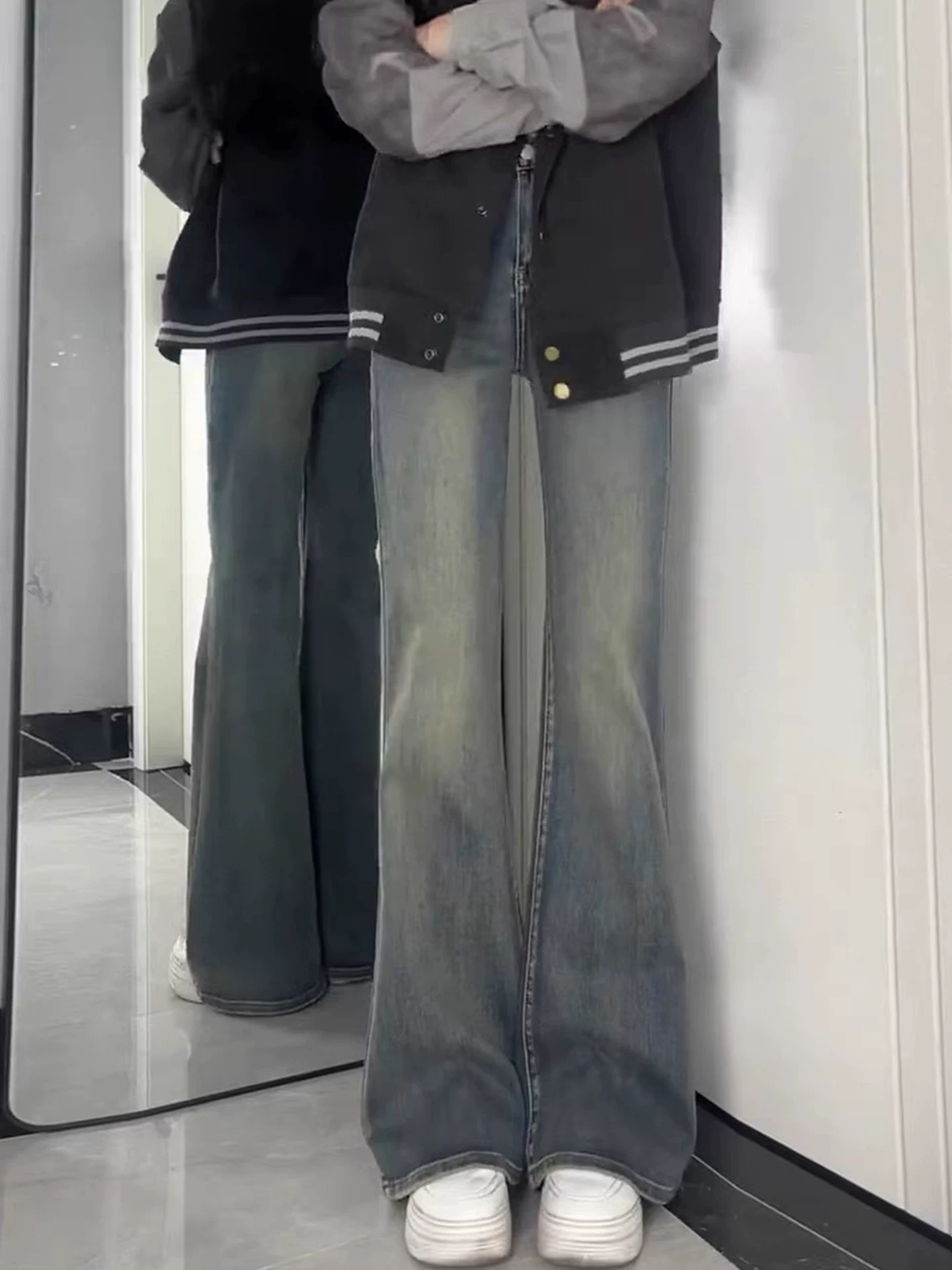 Quần jean ống đứng co giãn lưng cao dành cho nữ, phong cách đầu thu, cỡ lớn, dáng quả lê, che hông, quần ống loe thon gọn