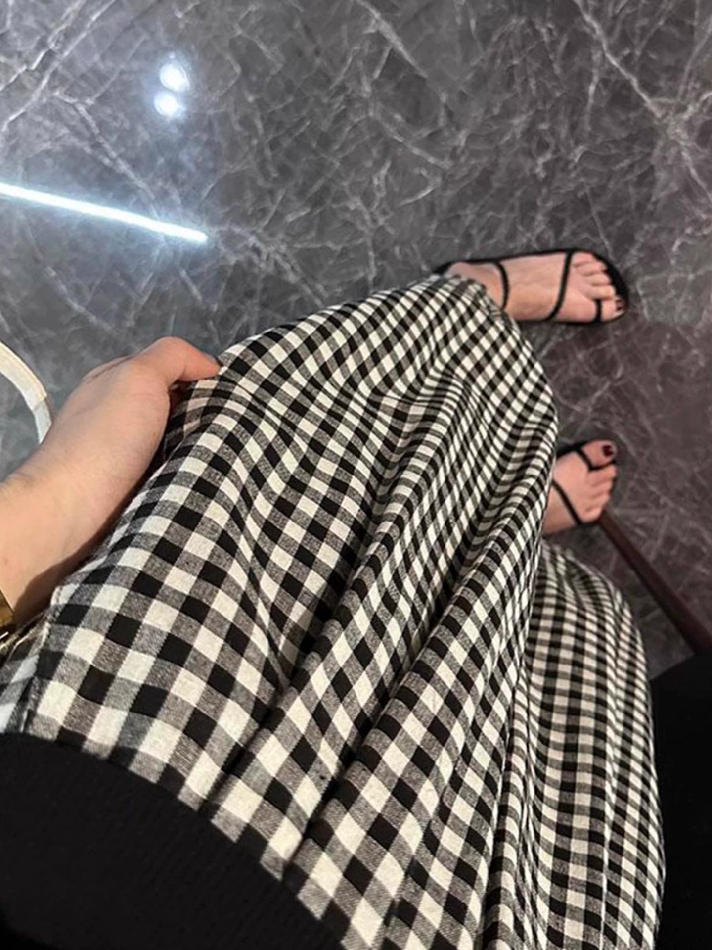 Quần kẻ sọc thường ngày dành cho nữ, kiểu dáng mỏng mùa hè, cỡ lớn, lưng cao, dáng rộng, che hông, giảm béo, quần bóng dáng rộng, quần ống rộng.