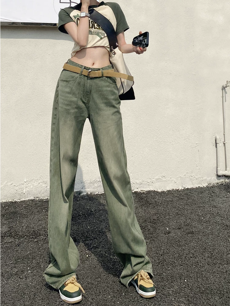 Thân hình quả lê, quần jean xanh cổ điển kiểu Mỹ, dành cho nữ cỡ lớn, lưng cao, dáng rộng, tôn dáng, ống rộng, quần dài chạm sàn