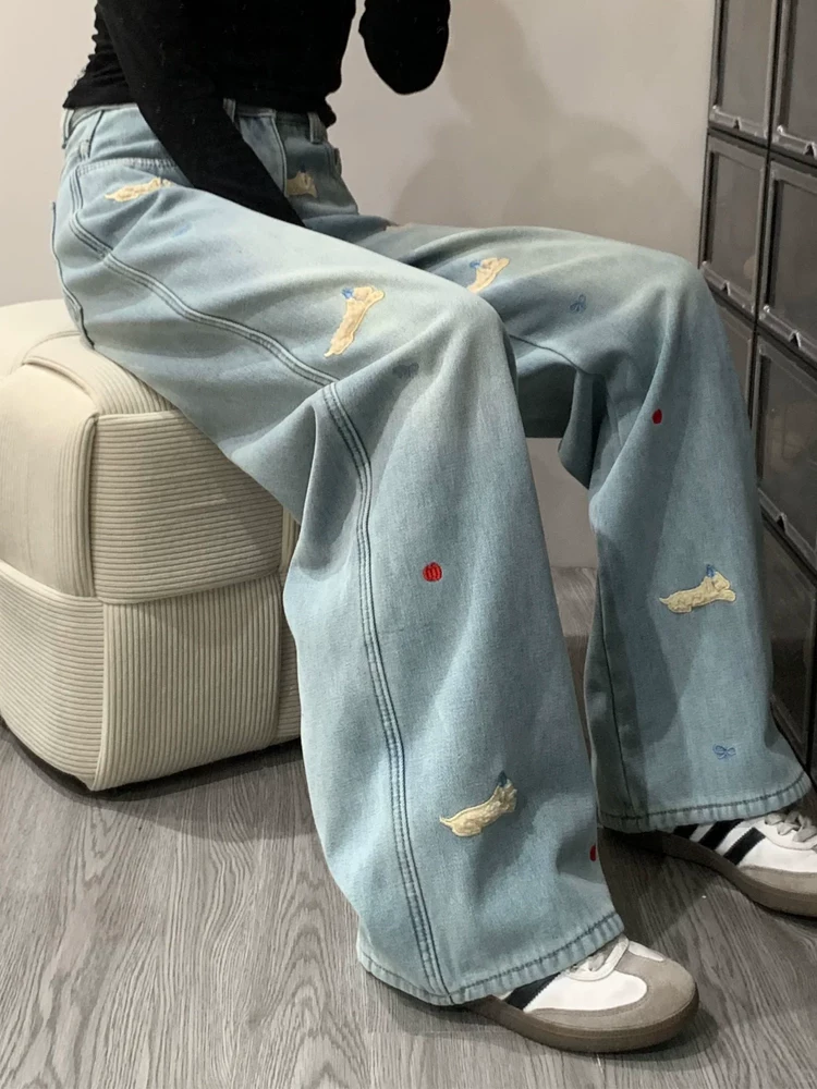 Quần jean ống đứng thêu hình chó dachshund dành cho nữ, phong cách thu đông, cỡ lớn, lưng cao, dáng rộng, dáng suông, quần ống rộng lót lông cừu