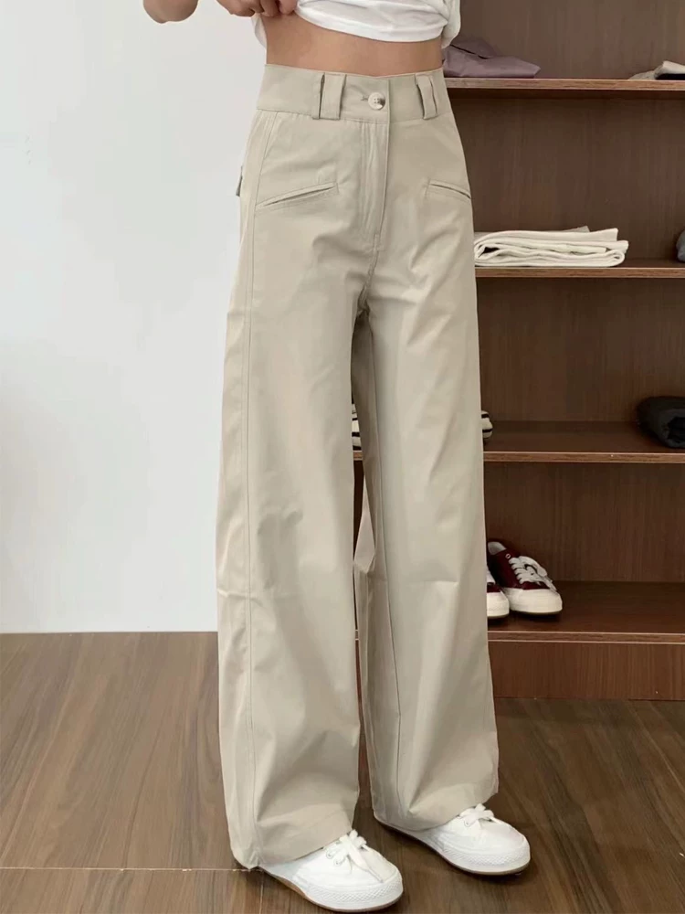 Quần cargo kiểu vest màu kaki dành cho nữ, mùa hè, cỡ lớn, thiết kế thời trang, cạp cao, dáng rộng, che hông, tôn dáng, quần ống rộng thường ngày.