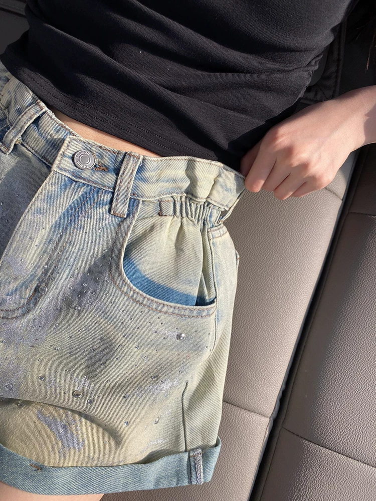 Quần short denim viền lượn sóng dành cho nữ, size lớn mùa hè, kiểu dáng thời trang đính đá cao cấp, cạp cao, dáng rộng, tôn dáng, quần ống rộng chữ A