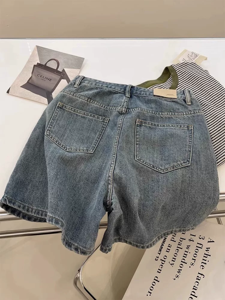 Quần short denim màu xanh cổ điển hình quả lê dành cho nữ, kiểu dáng mỏng mùa hè, cỡ lớn, lưng cao, dáng rộng, quần ống rộng chữ A giúp giảm béo