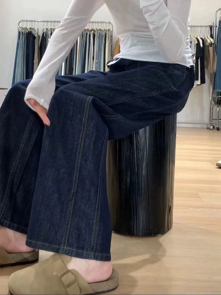 Quần jean ống đứng màu xanh đậm dáng quả lê dành cho nữ đầu thu cỡ lớn quần ống rộng che hông eo cao giúp giảm béo