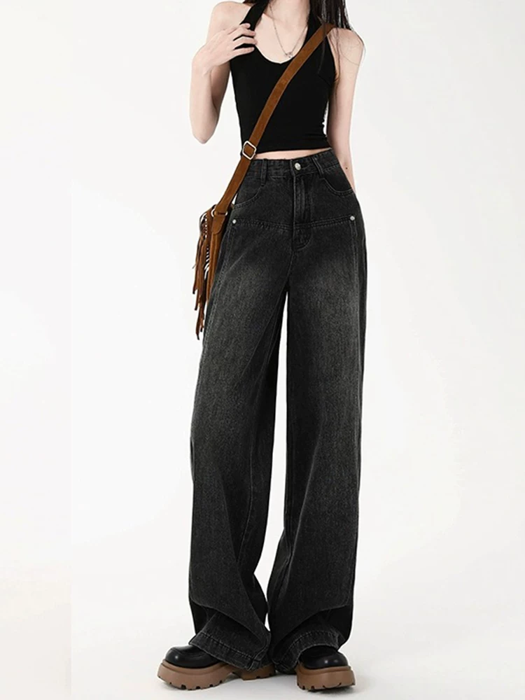 Quần jean ống thẳng màu đen và xám dành cho nữ, cỡ lớn, lót lông cừu, lưng cao, dáng rộng, thon gọn, ống rộng, quần dài đến sàn