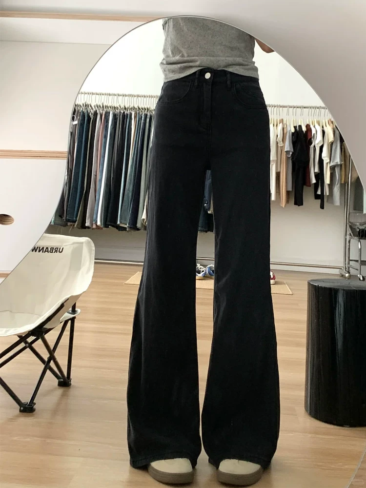 Quần jean ống loe bằng vải lụa đen không bó sát dành cho nữ, cỡ lớn mùa hè, lưng cao, dáng rộng, thon gọn, quần ống chuông Tencel