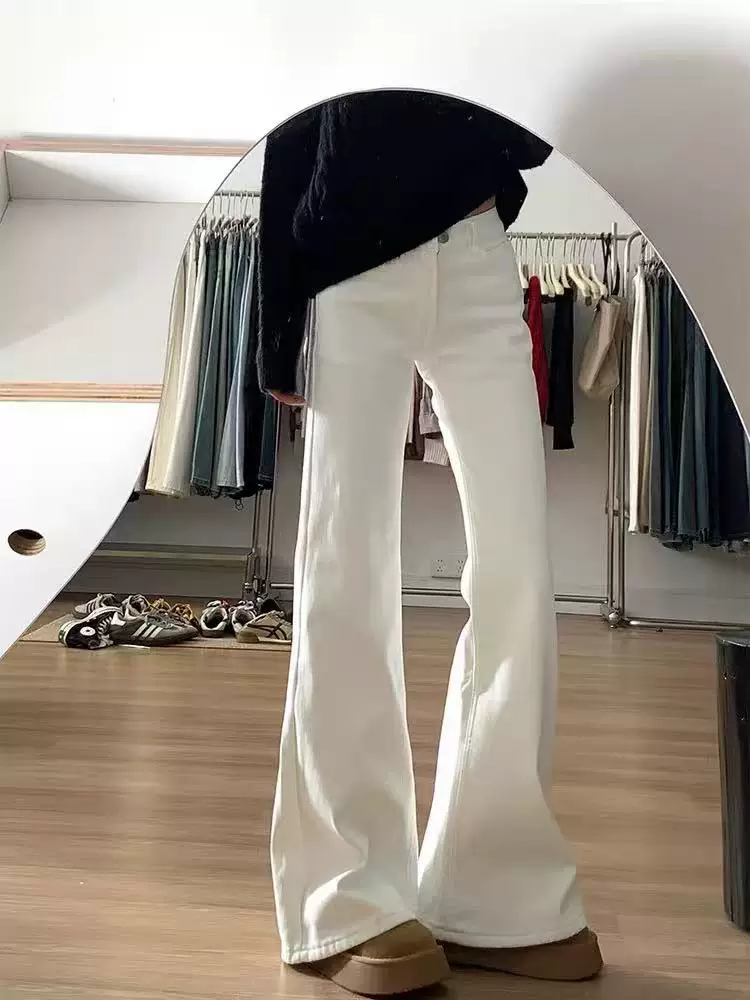 Quần jean trắng loe dành cho nữ, mùa đông, cỡ lớn, lót lông cừu, dày dặn, cạp cao, co giãn, che hông, tôn dáng, kiểu dáng bootcut.