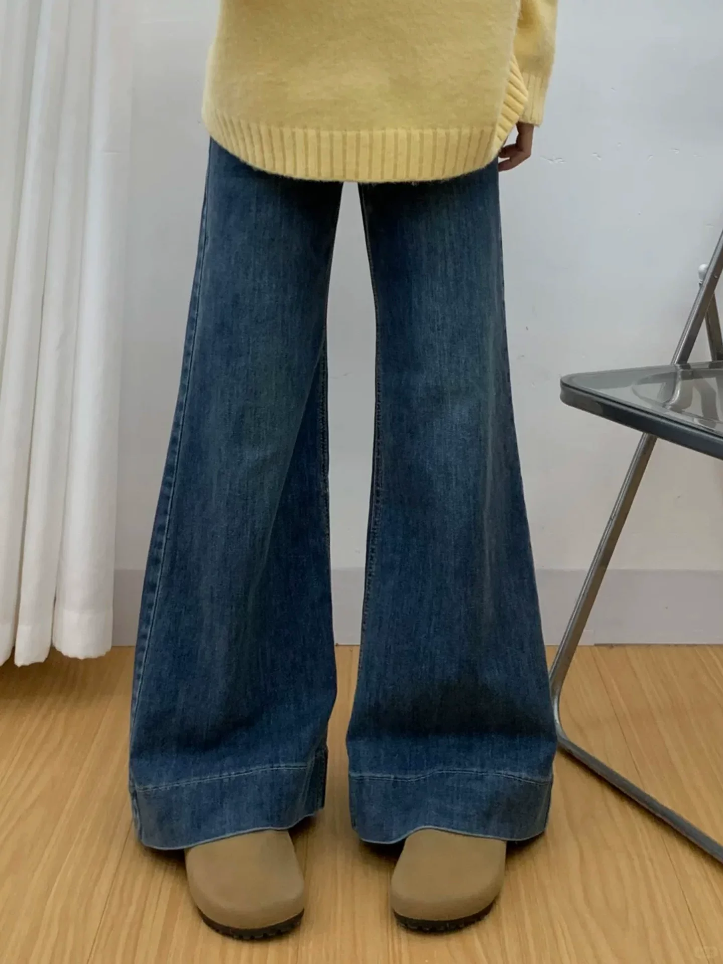 Quần jean ống đứng màu xanh cổ điển dành cho nữ, đầu thu, cỡ lớn, lưng cao, co giãn, quần ống loe thon gọn