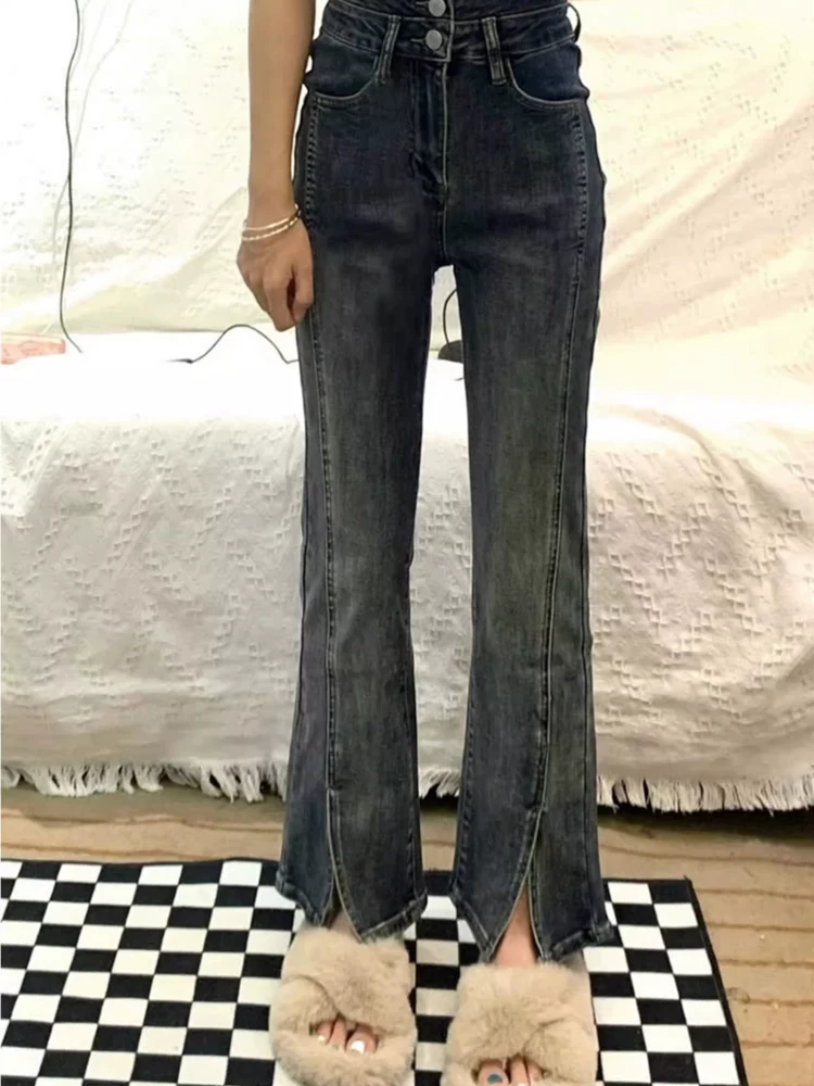 Quần jean dáng chuông dành cho nữ, phong cách đầu thu, cỡ lớn, lưng cao, co giãn, che hông, giảm béo, quần ống loe ngắn