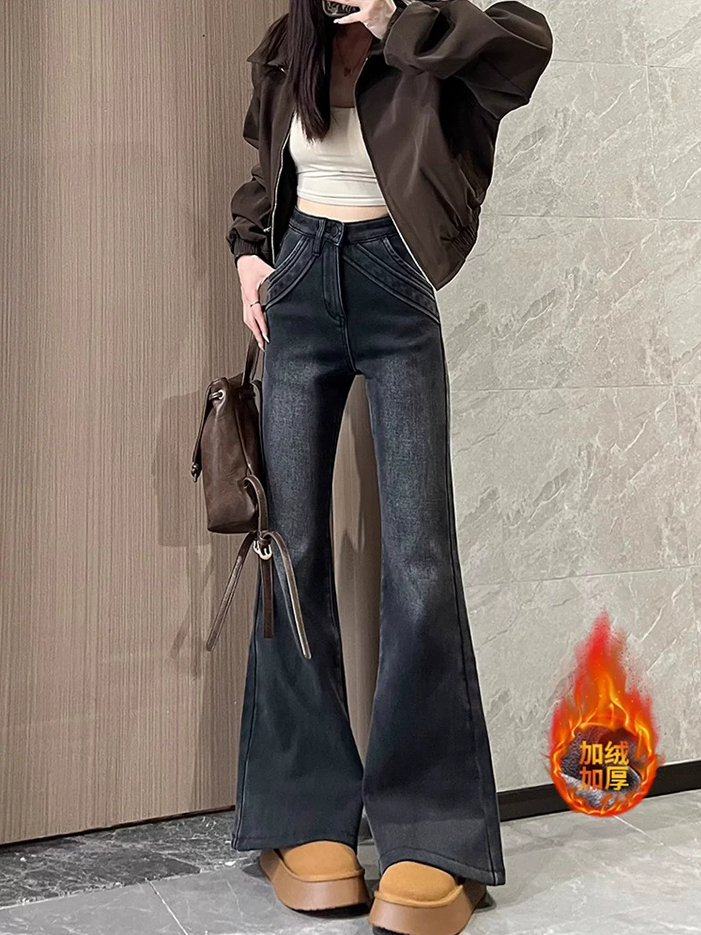 Quần jean nữ ống loe cạp cao dày dặn lót lông cừu, thu đông 2025, size lớn, co giãn, tôn dáng, kiểu bootcut