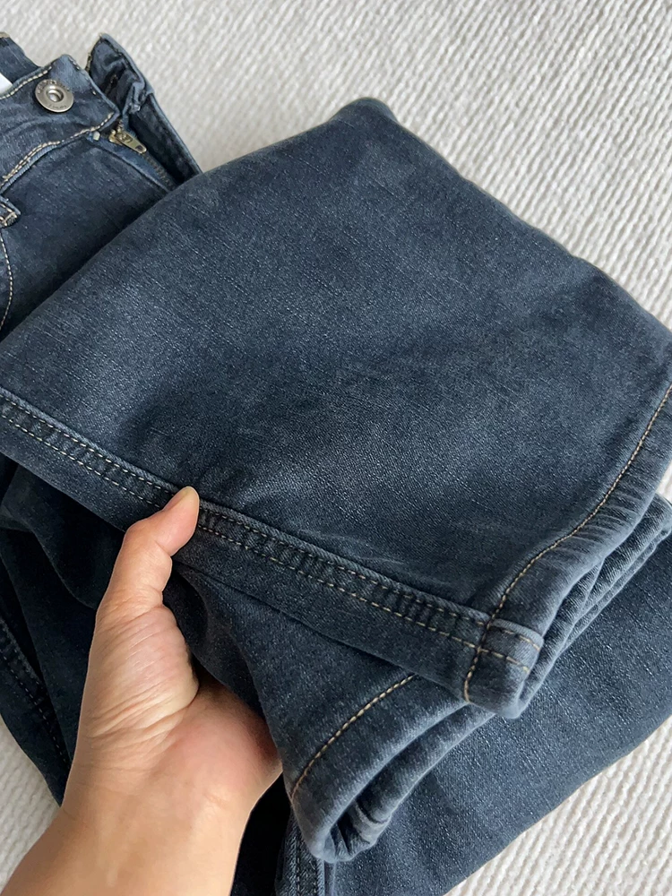 Quần jean ống đứng cho nữ, cỡ lớn, mùa thu đông, lót lông cừu, dày dặn, cạp cao, che hông, giảm béo, quần thuốc lá, dáng quả lê