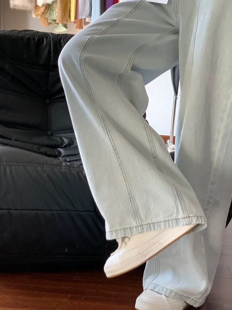 Quần jean ống thẳng màu xanh nhạt kiểu Mỹ dành cho nữ, bộ sưu tập mùa thu mới, cỡ lớn, lưng cao, dáng rộng, dáng suông, dáng rộng, quần dài đến sàn.