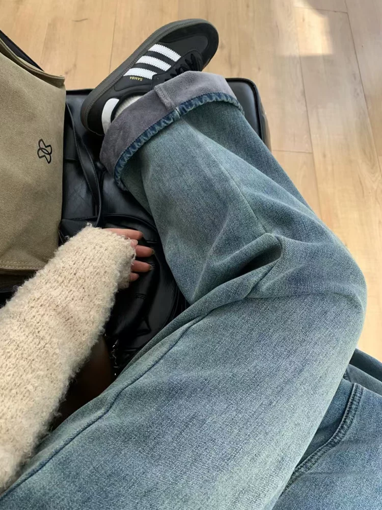 Quần jeans ống đứng nữ mùa đông 2024 kiểu mới lót lông dày dặn, size lớn, cạp cao, dáng rộng, che hông, tôn dáng, quần ống rộng