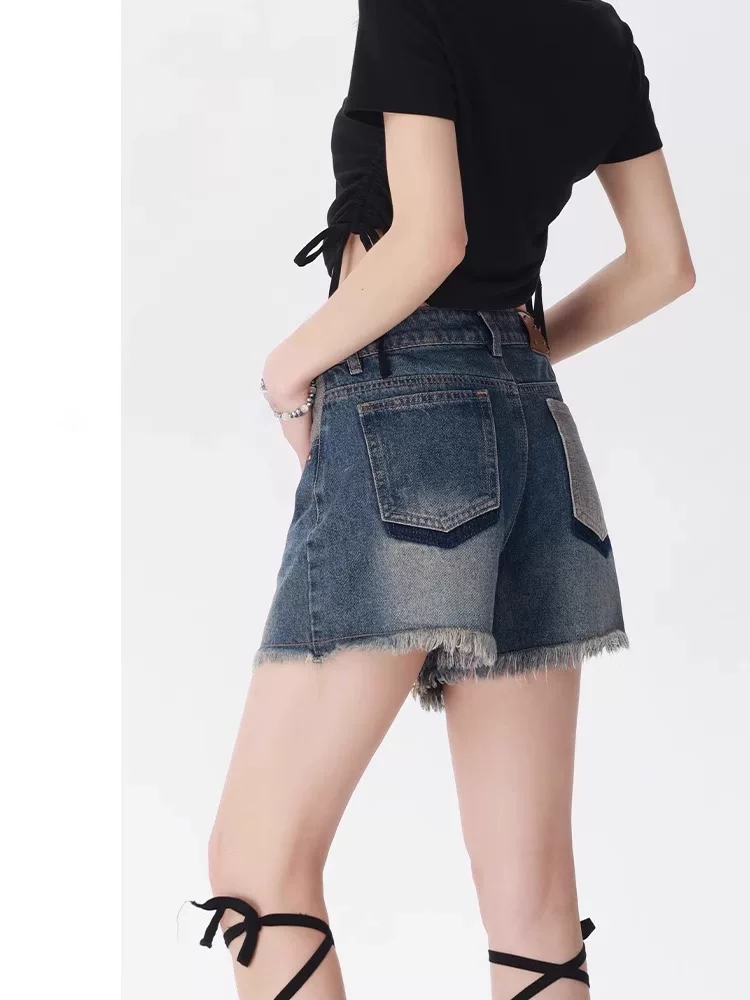 Quần short denim cổ điển kiểu Mỹ dành cho nữ, dáng quả lê mùa hè, cỡ lớn, lưng cao, dáng rộng, thon gọn, dáng chữ A, viền sờn, quần ống rộng