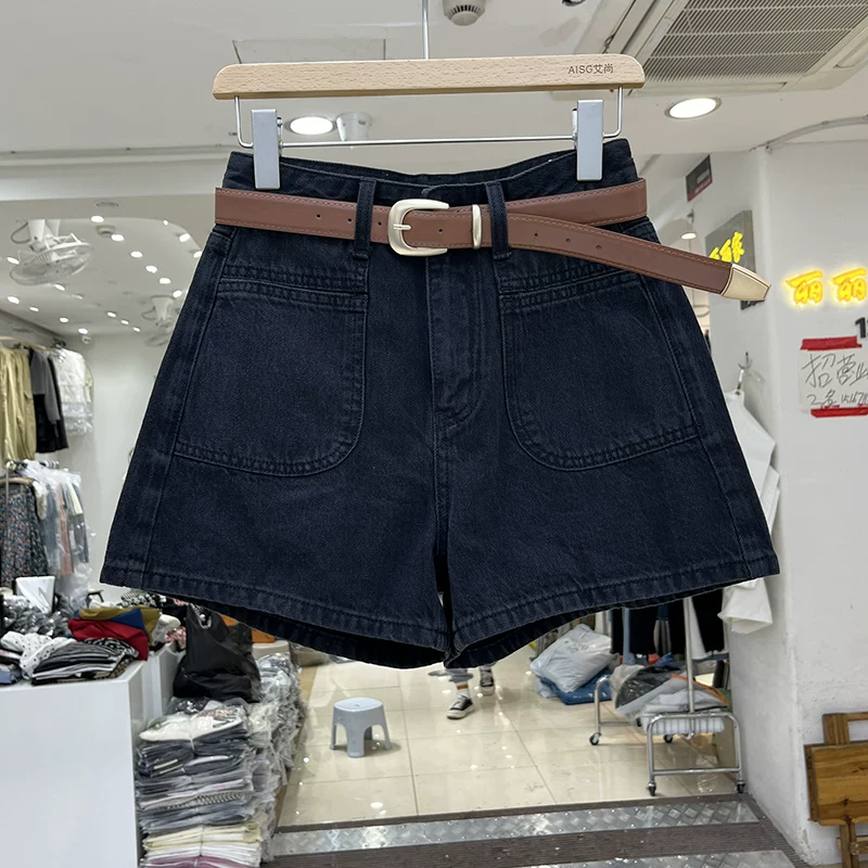 Quần short denim dáng chữ A dành cho nữ, kiểu dáng mỏng mùa hè, cỡ lớn, lưng cao, thon gọn, che hông, quần ống rộng.
