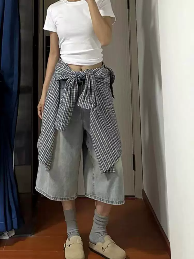 Quần jean nữ ngắn mùa hè, cỡ lớn, lưng cao, dáng rộng, tôn dáng, quần ống rộng, dáng quả lê, quần ống thẳng