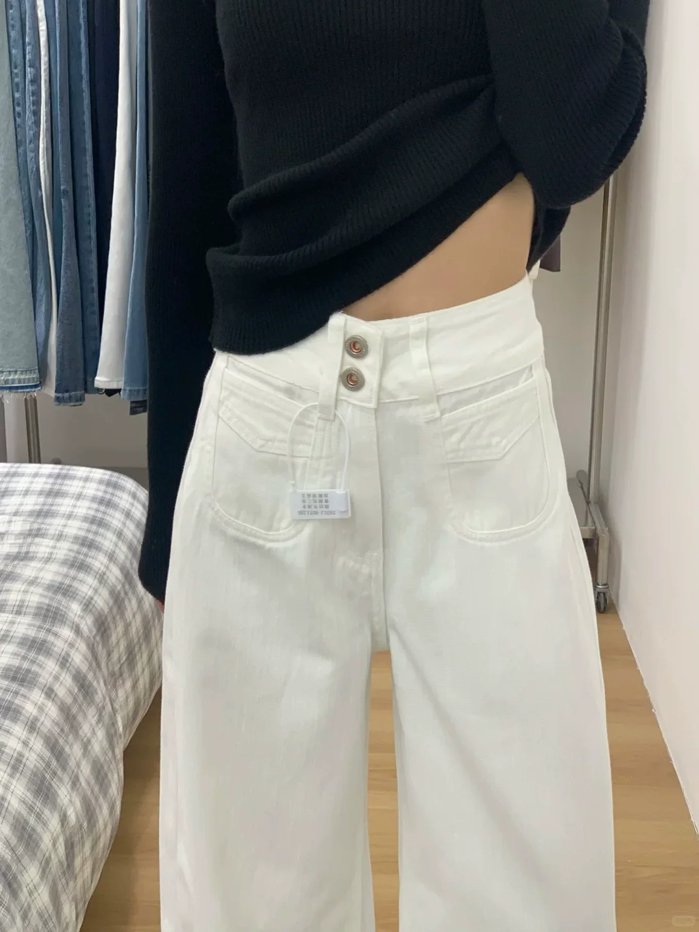 Quần jean trắng ống thẳng dành cho nữ, mặc đầu thu, cỡ lớn, lưng cao, dáng rộng, mềm mại, tôn dáng, quần ống rộng dáng chữ A dài chạm sàn.