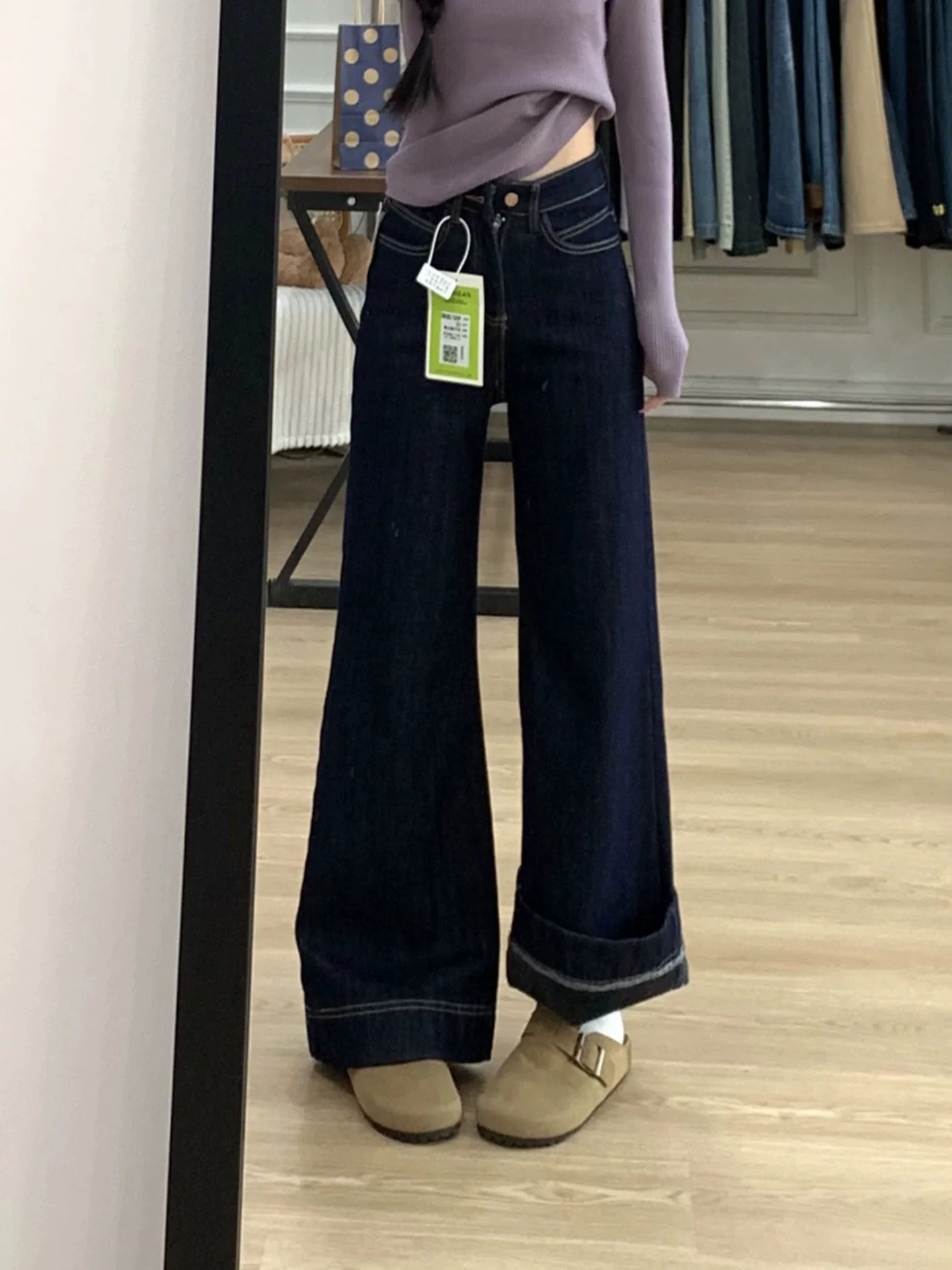 Quần jean ống loe thẳng, dày dặn, lót lông cừu màu xanh đậm dành cho nữ, size lớn mùa đông, cạp cao, co giãn, che hông.