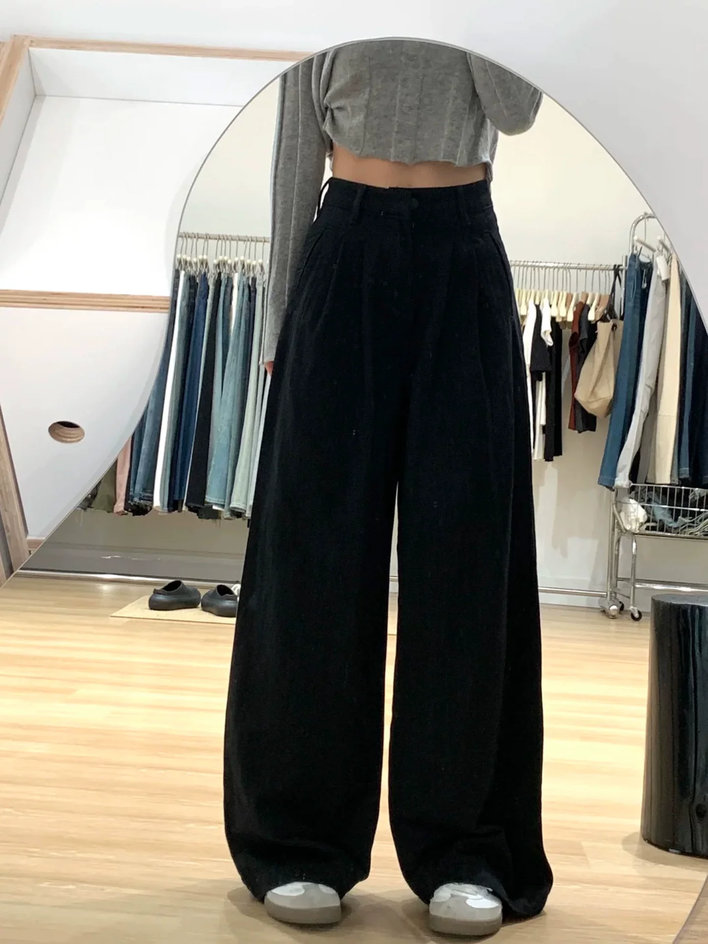 Quần âu ống đứng lưng cao màu đen dành cho nữ, phong cách đầu thu, cỡ lớn, dáng rộng, tôn dáng, dáng quả lê, quần ống rộng dài chạm sàn