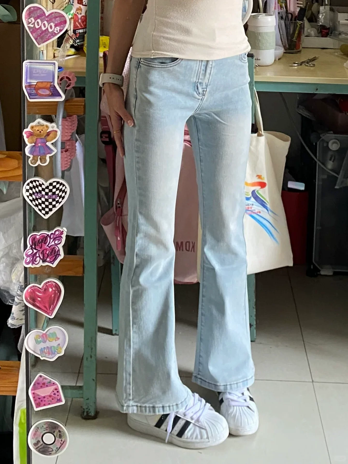 Quần jean bootcut màu xanh nhạt dành cho nữ, mùa thu, cỡ lớn, dáng quả lê, lưng cao, co giãn, giảm béo, nhỏ nhắn, quần móng ngựa