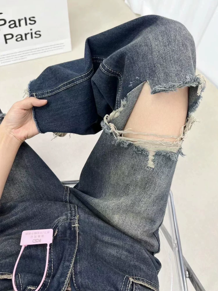 Quần jean rách cho nữ, kiểu dáng mùa hè mới, mỏng, cỡ lớn, lưng cao, dáng rộng, giảm béo, quần ống thẳng, quần ống rộng che hông