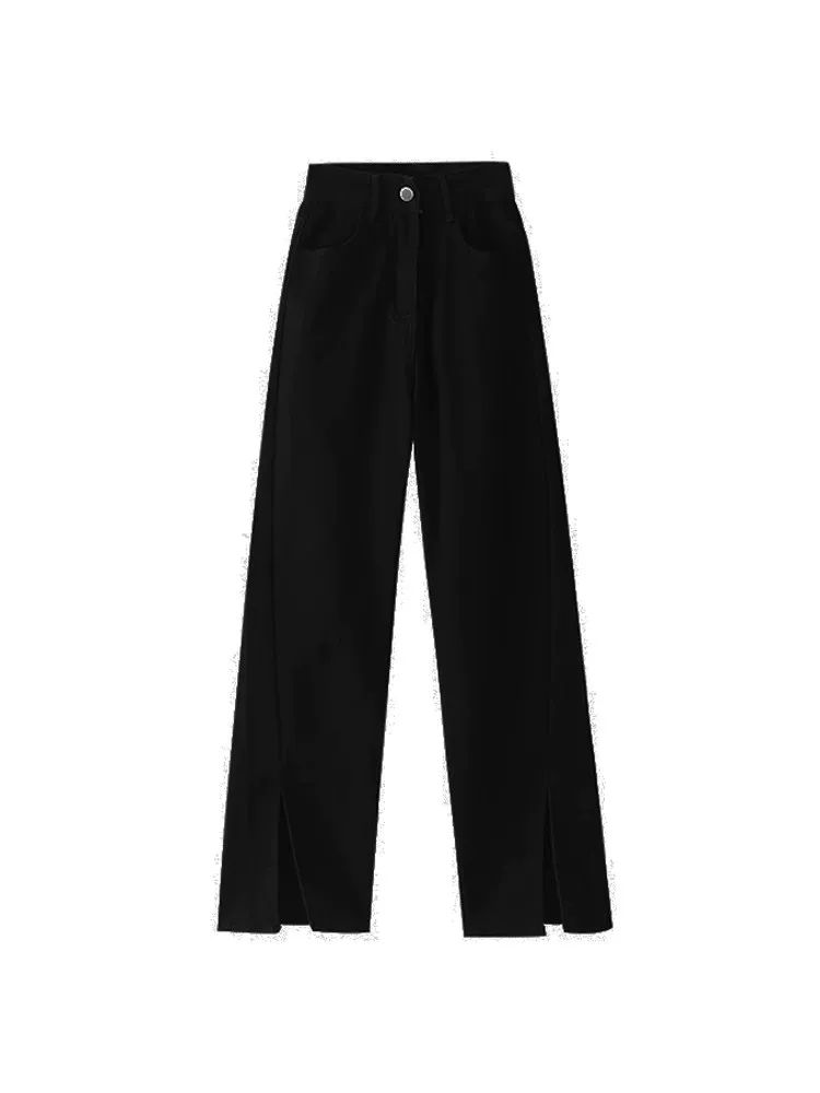 Quần jean đen dáng lê dành cho nữ cỡ lớn, kiểu mới đầu thu, cạp cao, co giãn, xẻ tà, tôn dáng, ống thẳng