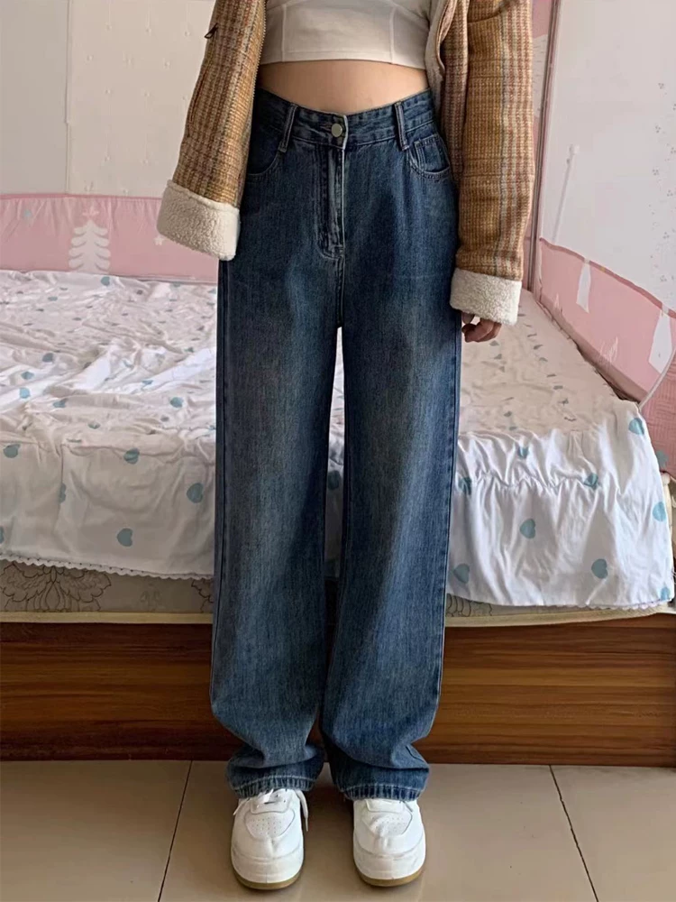 Thân hình quả lê, hông và đùi dày, quần jean ống thẳng cho nữ, phong cách đầu thu, cỡ lớn, lưng cao, rộng rãi, giảm béo, quần ống rộng