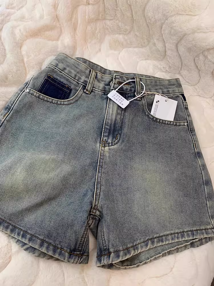 Quần short denim dáng lê dành cho nữ, thiết kế mùa hè, cỡ lớn, lưng cao, dáng rộng, che hông, quần ống rộng chữ A giúp thon gọn