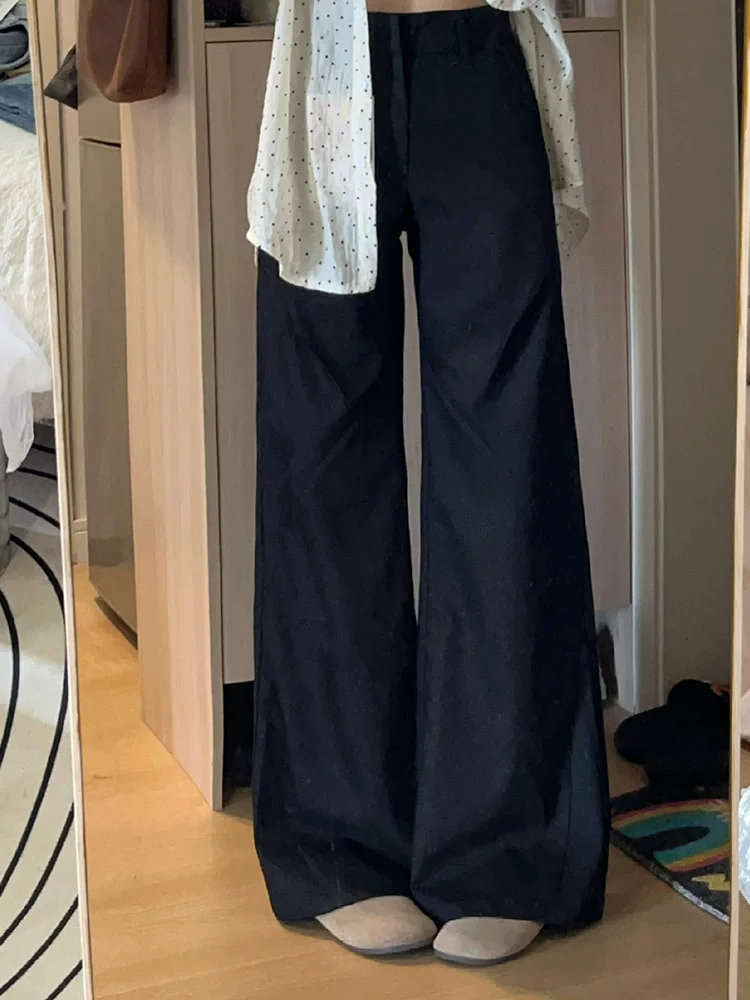 Quần âu đen thường ngày dành cho nữ, kiểu dáng mùa thu mới, cỡ lớn, lưng cao, dáng rộng, tôn dáng, nhỏ nhắn, quần ống rộng thoải mái.