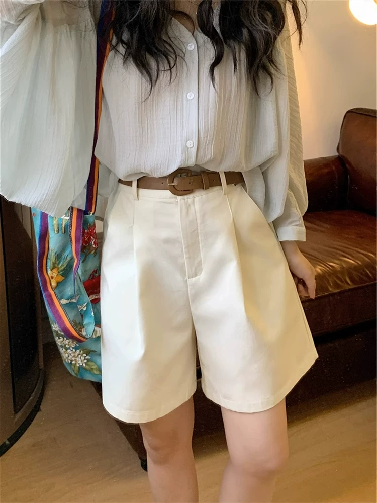 Quần short kaki cạp cao thường ngày dành cho nữ, size lớn mùa hè, đa năng, tôn dáng, dáng thẳng, kiểu chữ A, dài ngang đùi, ống rộng.