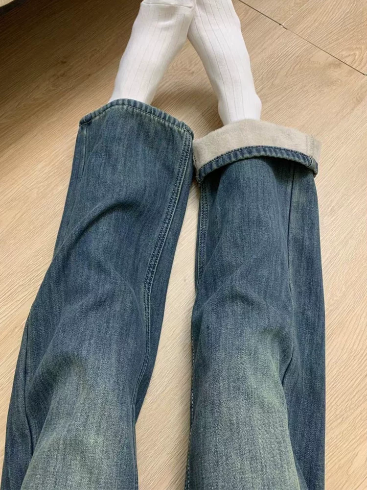 Quần jean ống thẳng dày lót lông màu xanh cổ điển dành cho nữ, mùa thu đông, cỡ lớn, lưng cao, dáng rộng, che hông, quần ống rộng