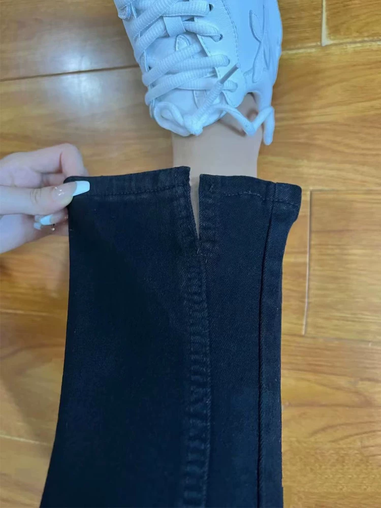 Quần jean ống đứng dáng lê dành cho nữ, size lớn mùa đông, lót lông cừu, cạp cao, che hông, tôn dáng, quần ống đứng co giãn