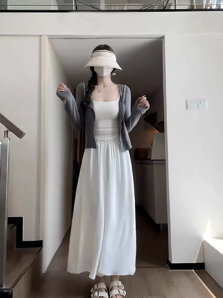 Quần váy trắng thường ngày dành cho nữ, dáng quả lê mùa hè, kiểu dáng mỏng, cỡ lớn, phong cách lười biếng, lưng cao, che hông, quần ống rộng giảm béo.