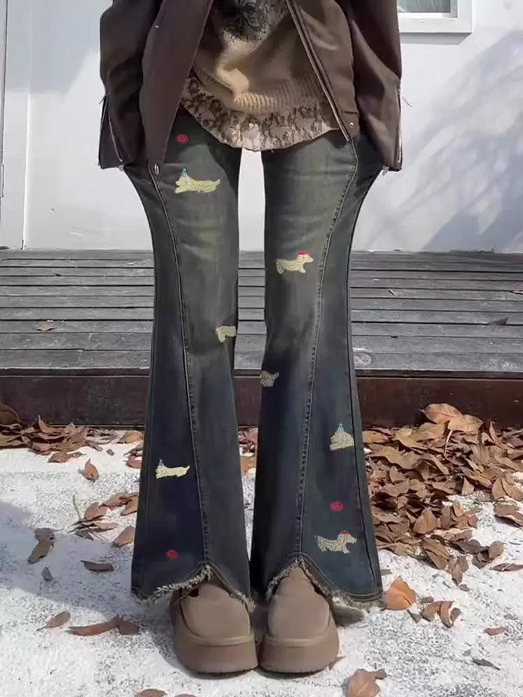 Quần jean ống loe kiểu Dachshund dành cho nữ, mùa thu đông, lót lông cừu, dày dặn, cỡ lớn, lưng cao, co giãn, quần ống loe thon gọn