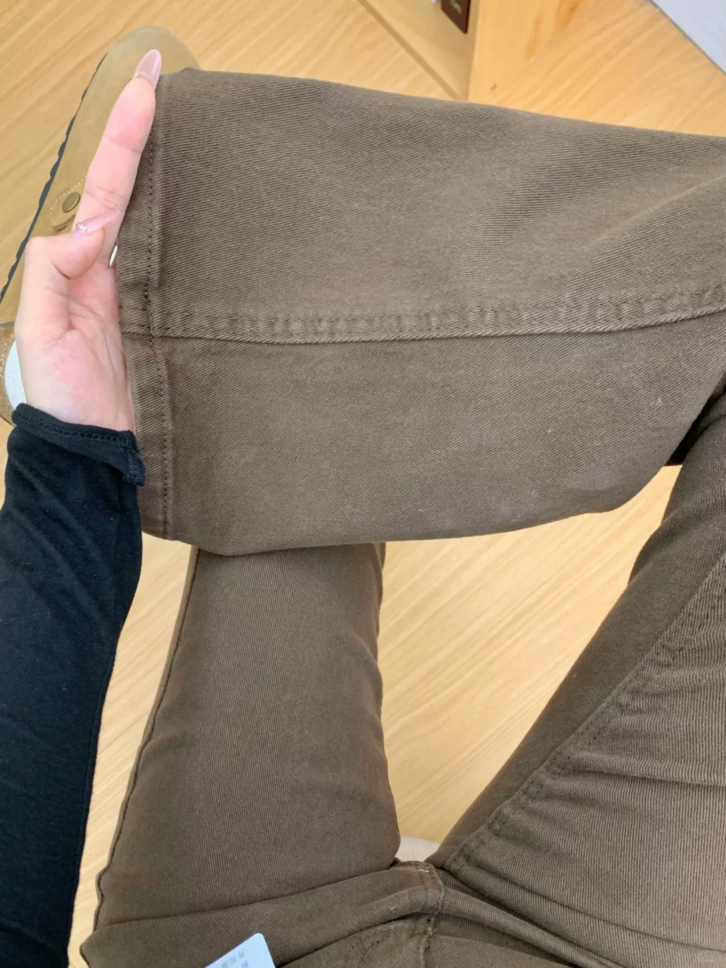 Quần jean ống loe màu nâu dành cho nữ, mùa thu đông, lót lông cừu, cỡ lớn, lưng cao, co giãn, giảm béo, quần chuông ống loe.