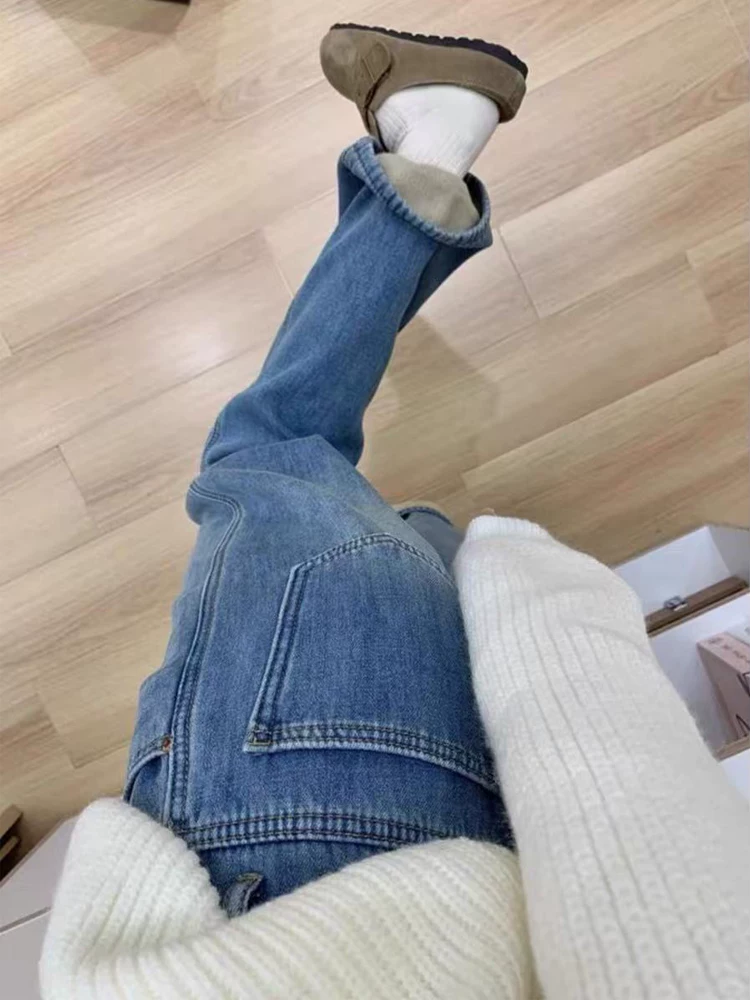 Quần jean ống thẳng màu sáng cho nữ, mùa thu đông, lót lông cừu, cỡ lớn, lưng cao, che hông, giảm béo, dáng quả lê, quần ống rộng