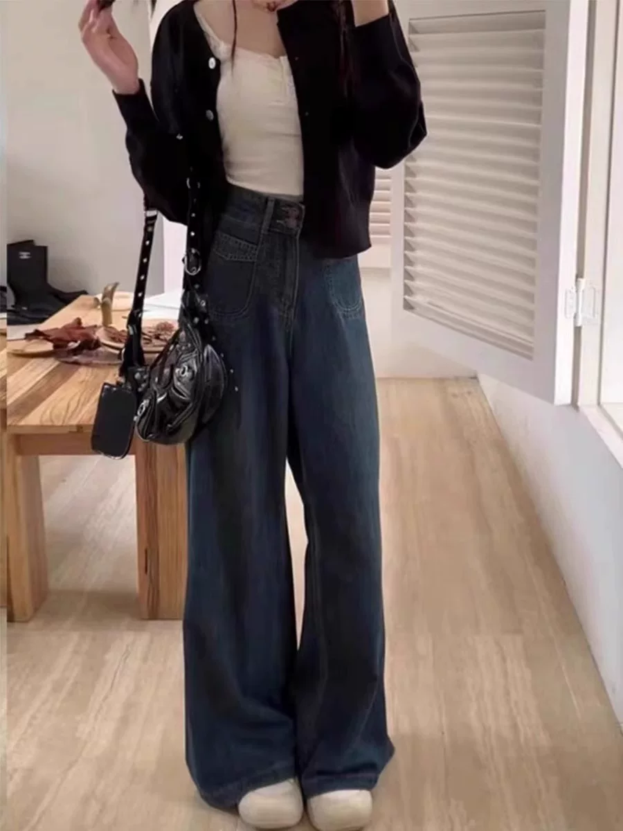 Quần jean ống rộng kiểu dáng lười biếng dành cho nữ, cỡ lớn, kiểu dáng mùa thu mới dành cho người có thân hình quả lê, lưng cao, dáng rộng, dáng thon gọn, quần dài đến sàn