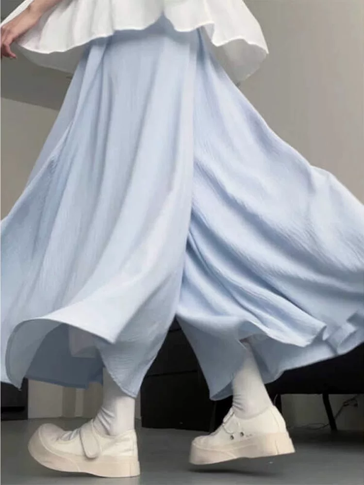 Quần culottes màu xanh dành cho nữ, mùa hè, cỡ lớn, lưng cao, che bụng, giảm béo, dáng quả lê, nhỏ nhắn, quần ống rộng thông thường