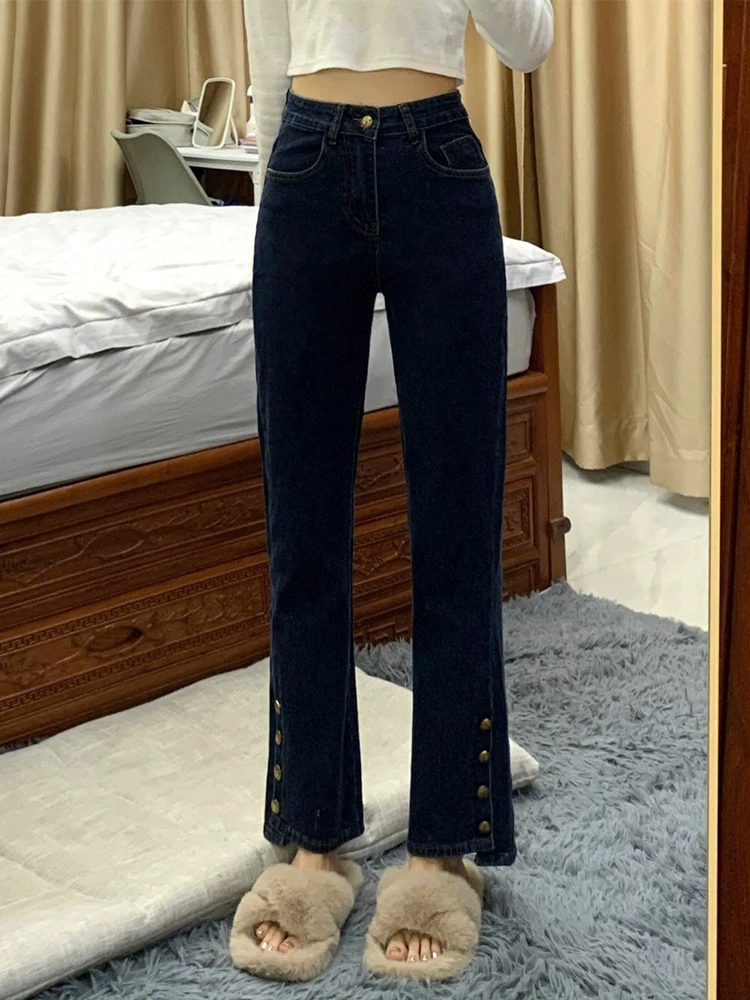 Quần jean dáng chuông, ống thẳng hơi loe dành cho nữ, phong cách đầu thu, size lớn, lót lông cừu, cạp cao, co giãn, che hông.