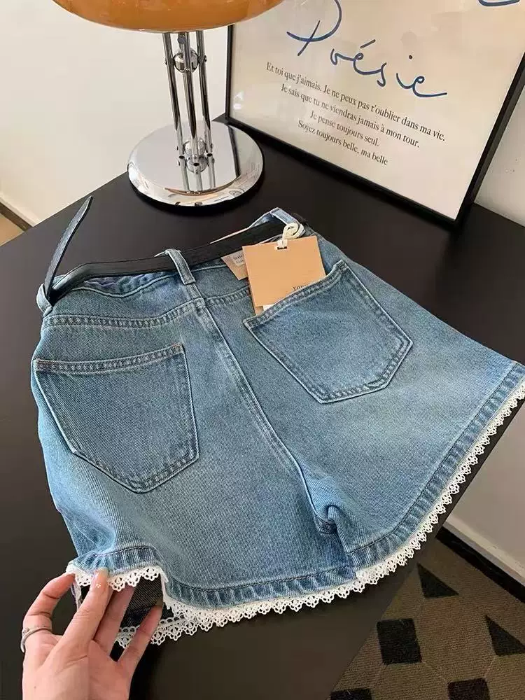 Quần short denim viền ren dành cho nữ, cỡ lớn mùa hè, lưng cao, dáng rộng, tôn dáng, dáng quả lê, quần ống rộng chữ A