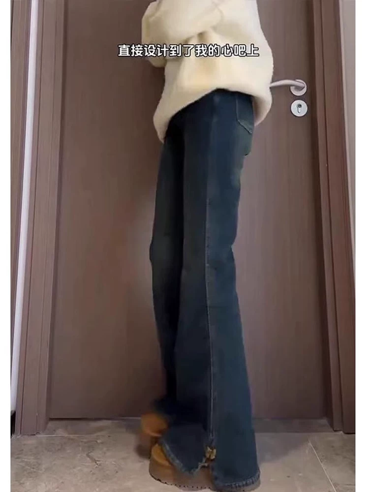 Quần jeans xanh vintage dáng loe nữ xuân 2025, size lớn, cạp cao, co giãn, che hông, tôn dáng, ống chuông, dài chạm sàn
