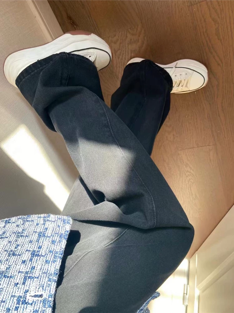 Quần jean ống thẳng màu đen dáng quả lê dành cho nữ, kiểu dáng đầu thu cỡ lớn, cạp cao, che hông, dáng rộng, quần ống rộng giúp thon gọn