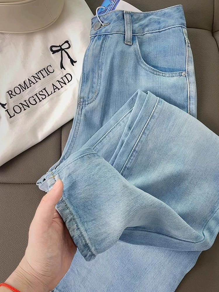 Quần jean Tencel màu sáng dành cho nữ, kiểu dáng mỏng mùa hè, cỡ lớn, lưng cao, dáng rộng, mềm mại, tôn dáng, quần ống rộng dài chạm sàn chất liệu lụa đá.