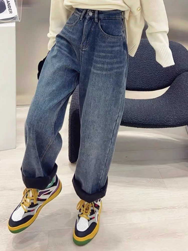 Quần jean ống thẳng dáng quả lê dành cho nữ, mùa thu đông, lót lông cừu, dày dặn, cỡ lớn, lưng cao, dáng rộng, giảm béo, quần bố.