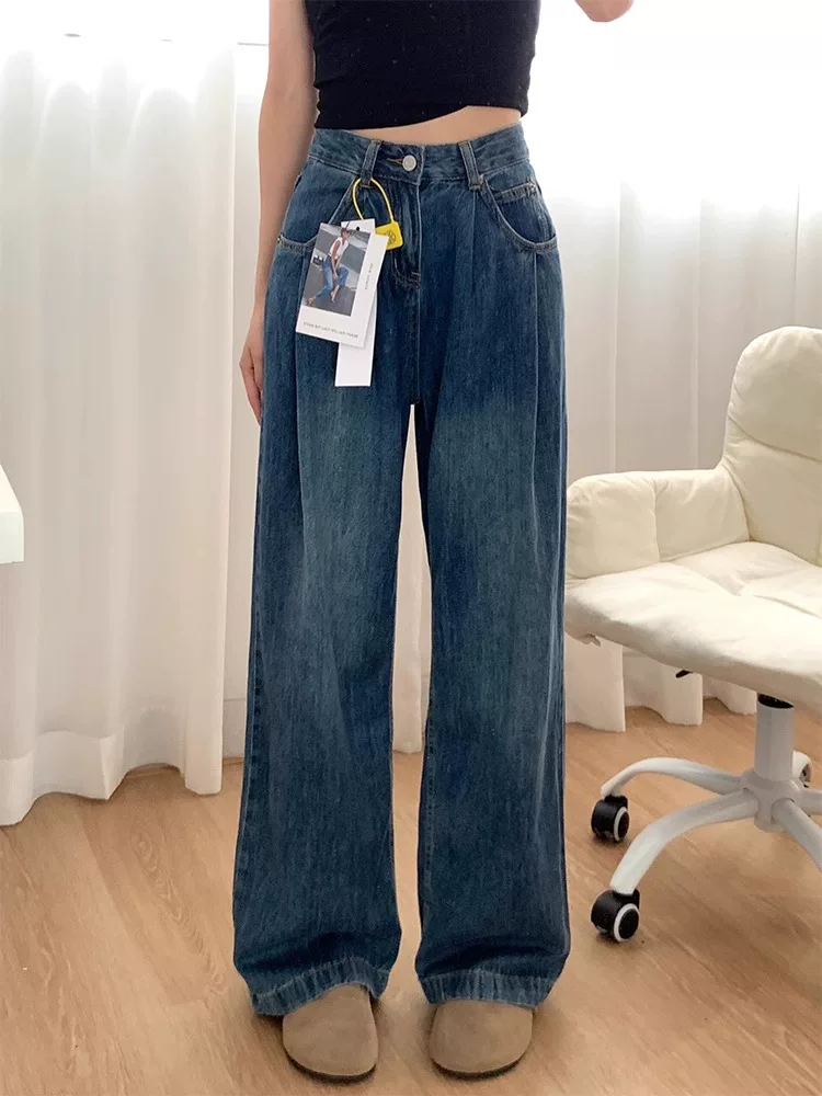 Quần jeans nữ ống đứng màu xanh cổ điển, kiểu mới thu đông 2024, size lớn, cạp cao, dáng rộng, tôn dáng, ống rộng, dài chạm sàn.