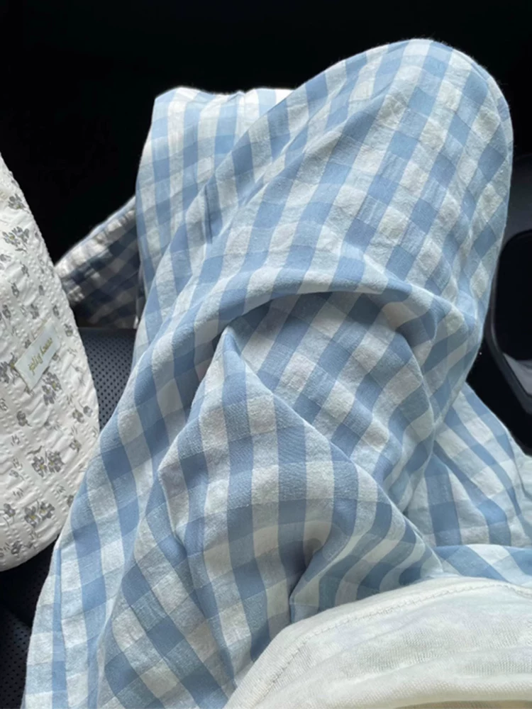 Quần Cloud quần thường ngày dành cho nữ, cỡ lớn mùa hè, quần kẻ sọc xanh dành cho phụ nữ nhỏ nhắn, quần cạp cao, quần ống rộng, quần ống rộng.