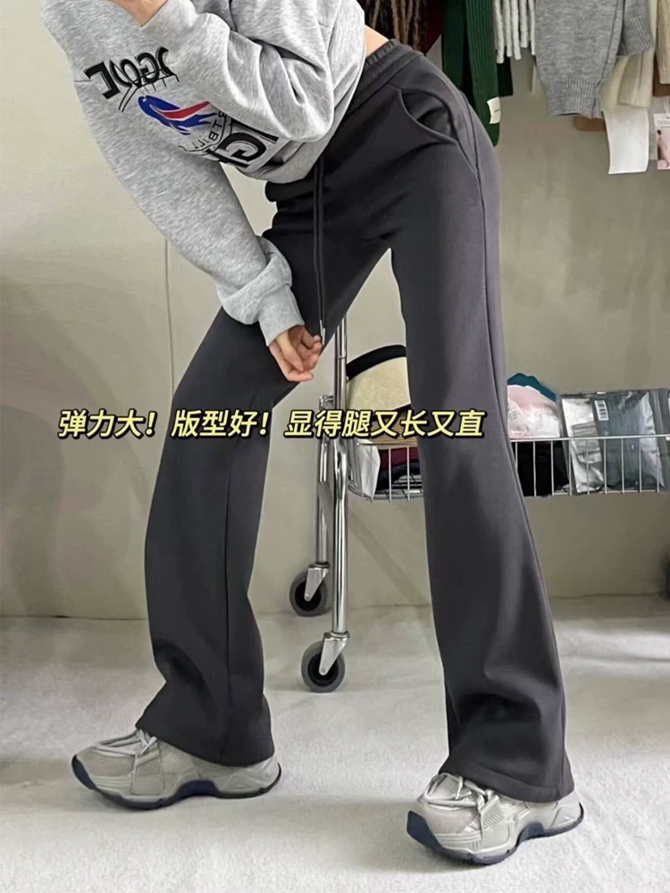 Quần ống loe dành cho nữ, mùa thu đông, cỡ lớn, lót lông cừu, dày dặn, cạp cao, co giãn, che hông, mềm mại, tôn dáng, quần thể thao thông thường.